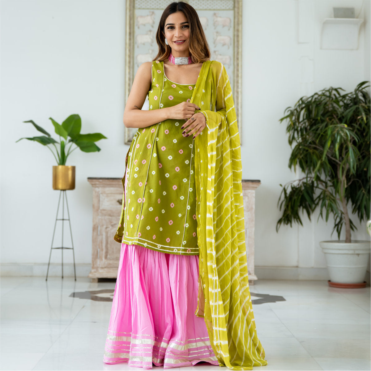 Bandhani Tie-Dye Short Kurta and Sharara Set