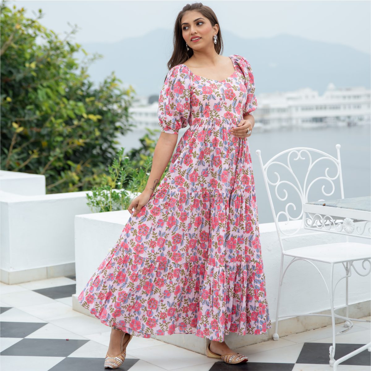 Pink Cotton Printed Flared Long Dress