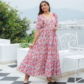 Pink Cotton Printed Flared Long Dress