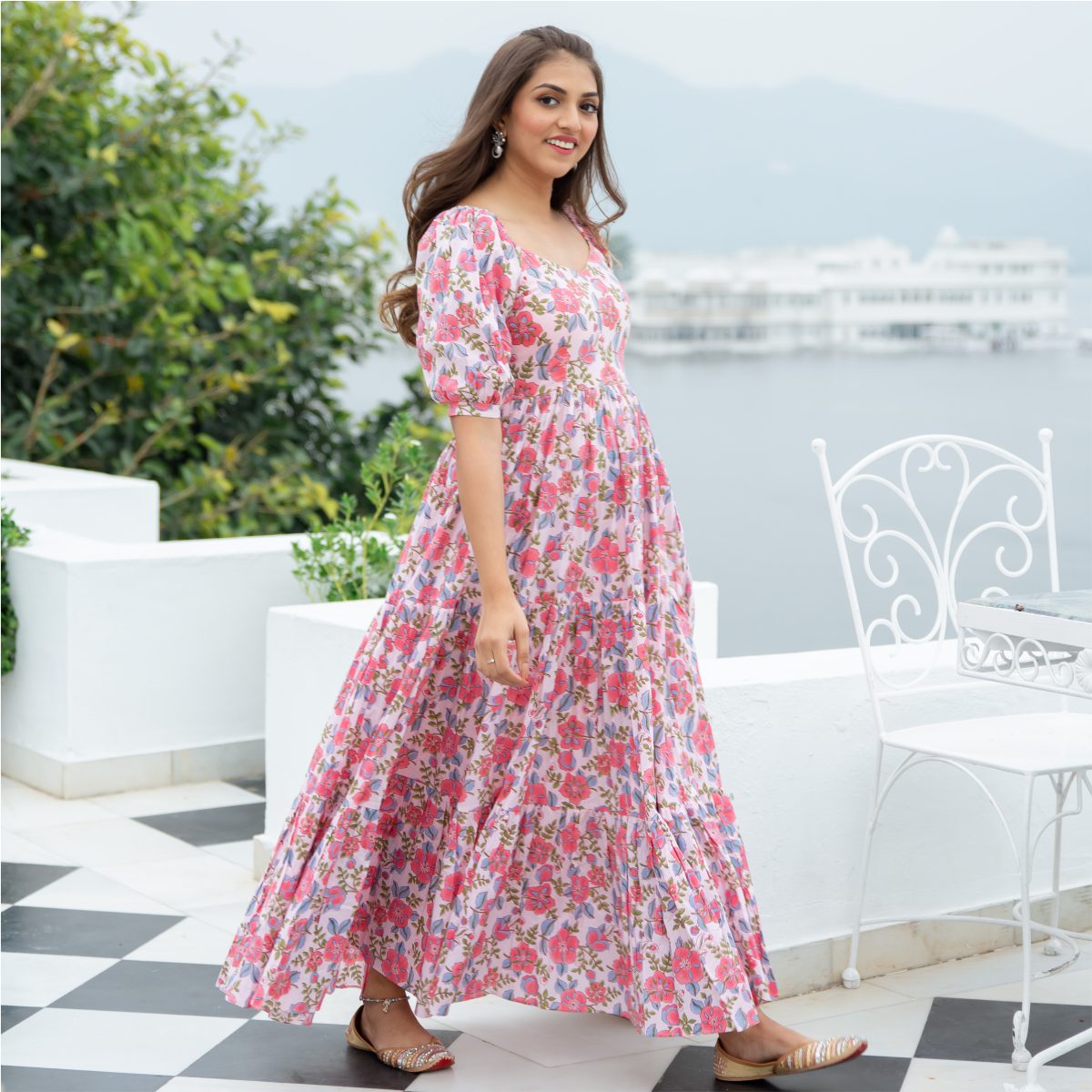 Pink Cotton Printed Flared Long Dress