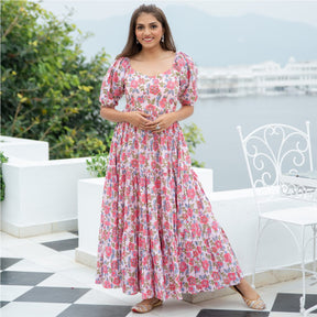 Pink Cotton Printed Flared Long Dress