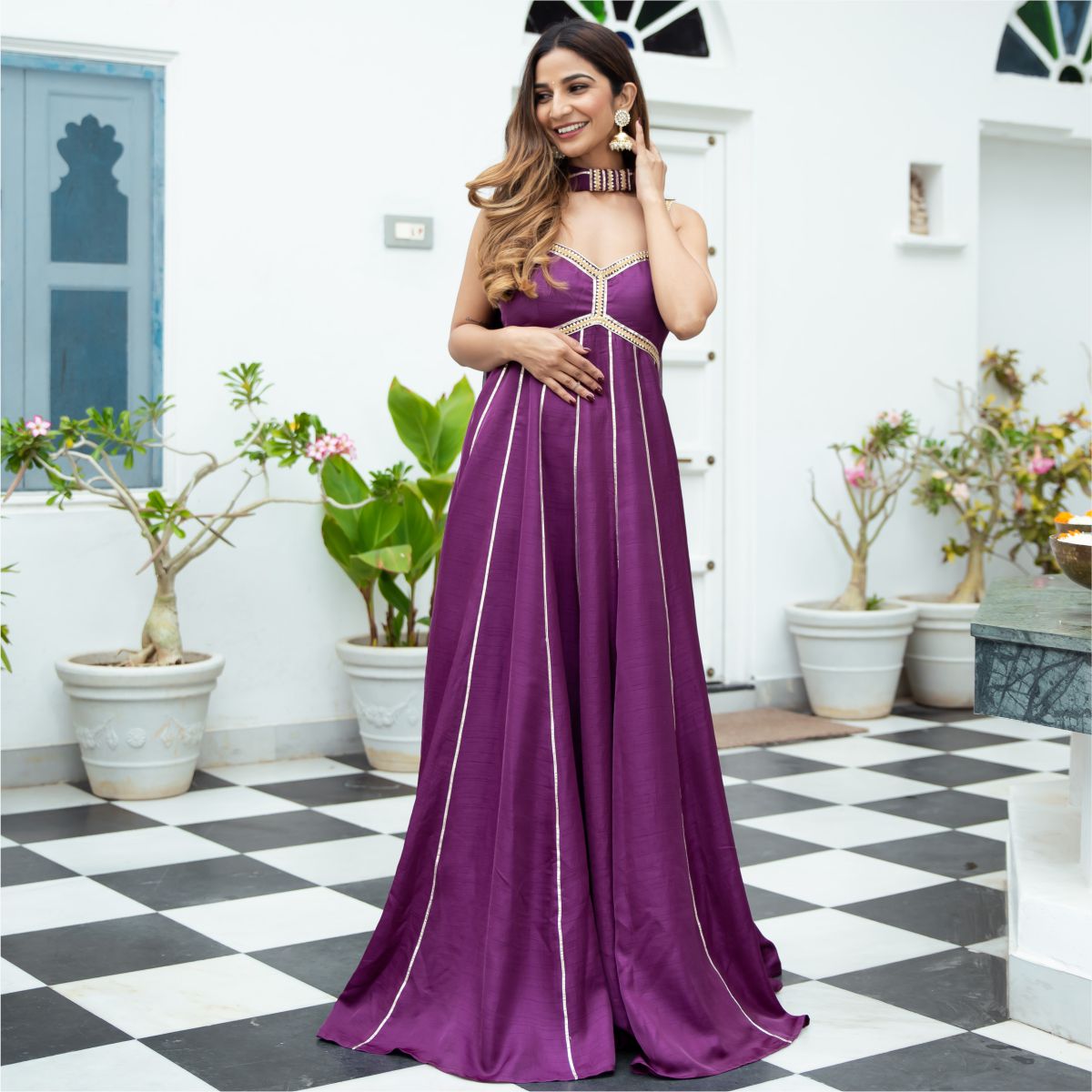 Purple Silk Long Dress With Dupatta