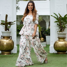 Off White Rayon Printed Peplum and Palazzo Set