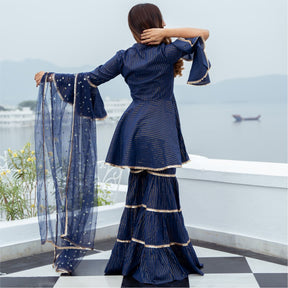 Blue Cotton Lurex Peplum and Sharara Set