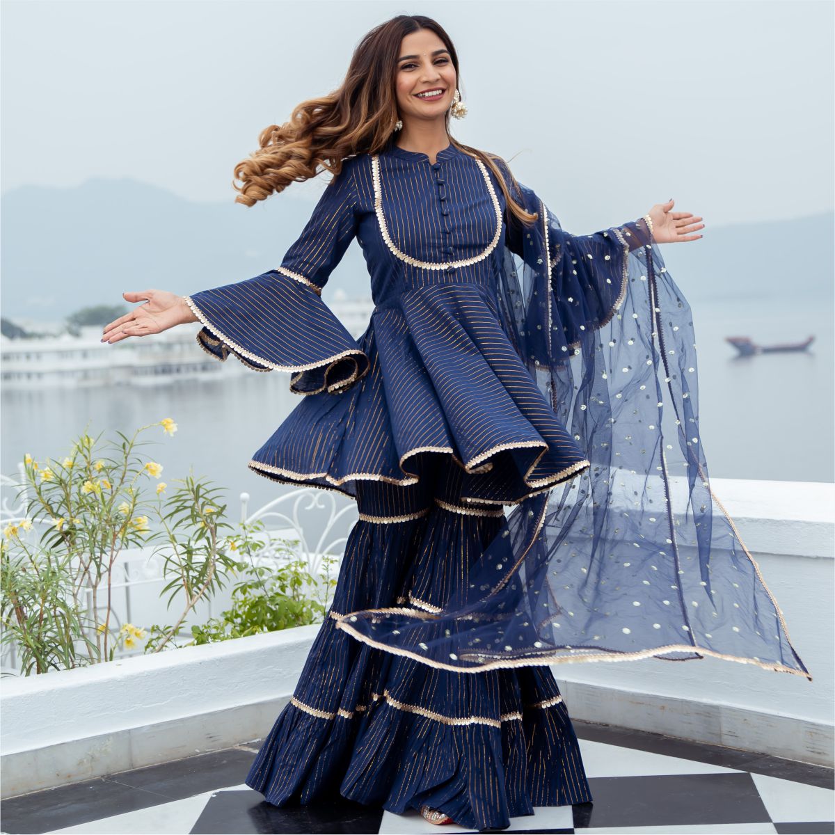 Blue Cotton Lurex Peplum and Sharara Set