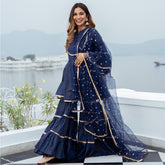 Blue Cotton Lurex Peplum and Sharara Set