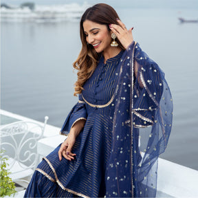 Blue Cotton Lurex Peplum and Sharara Set