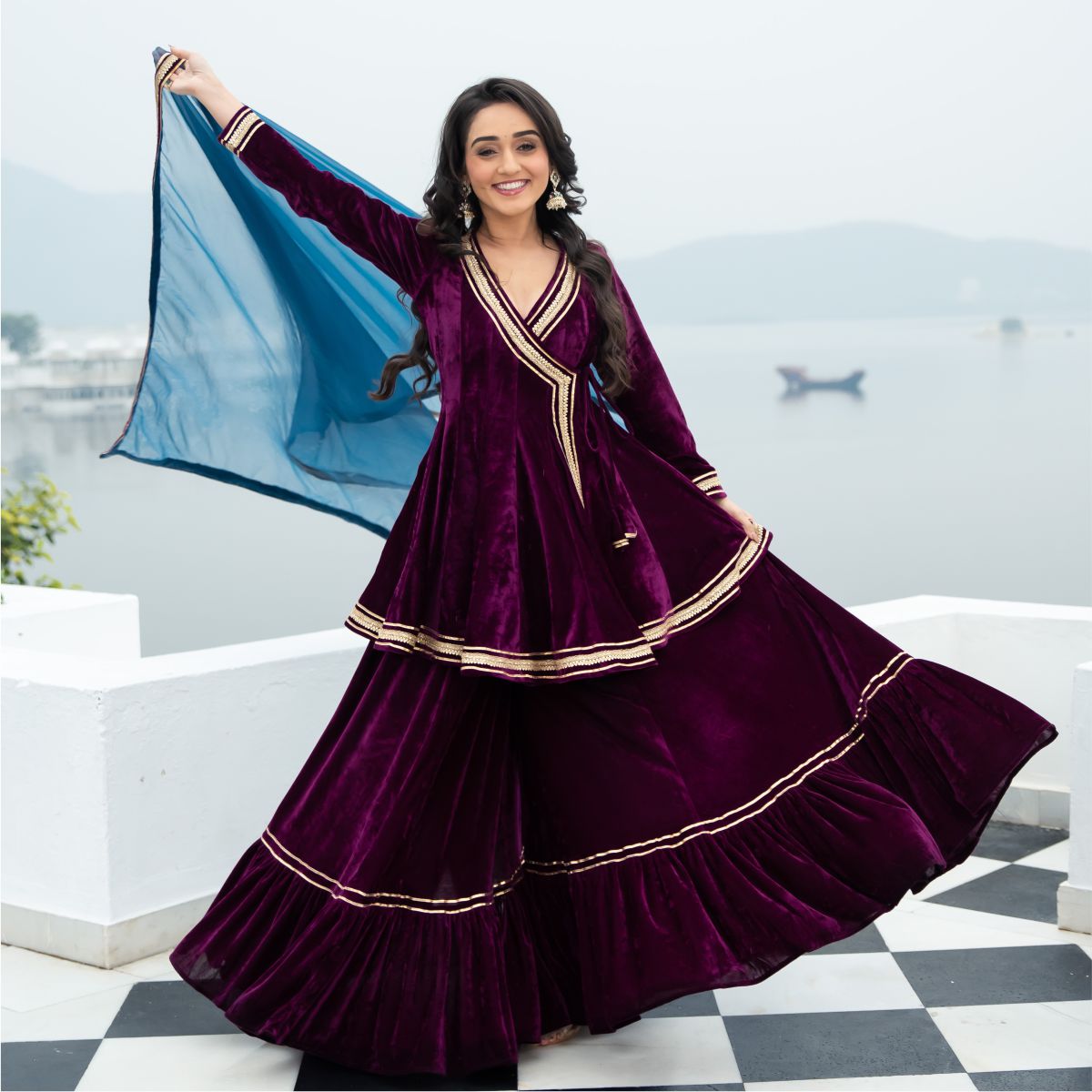 Velvet Magenta Angrakha Style Palazzo Set