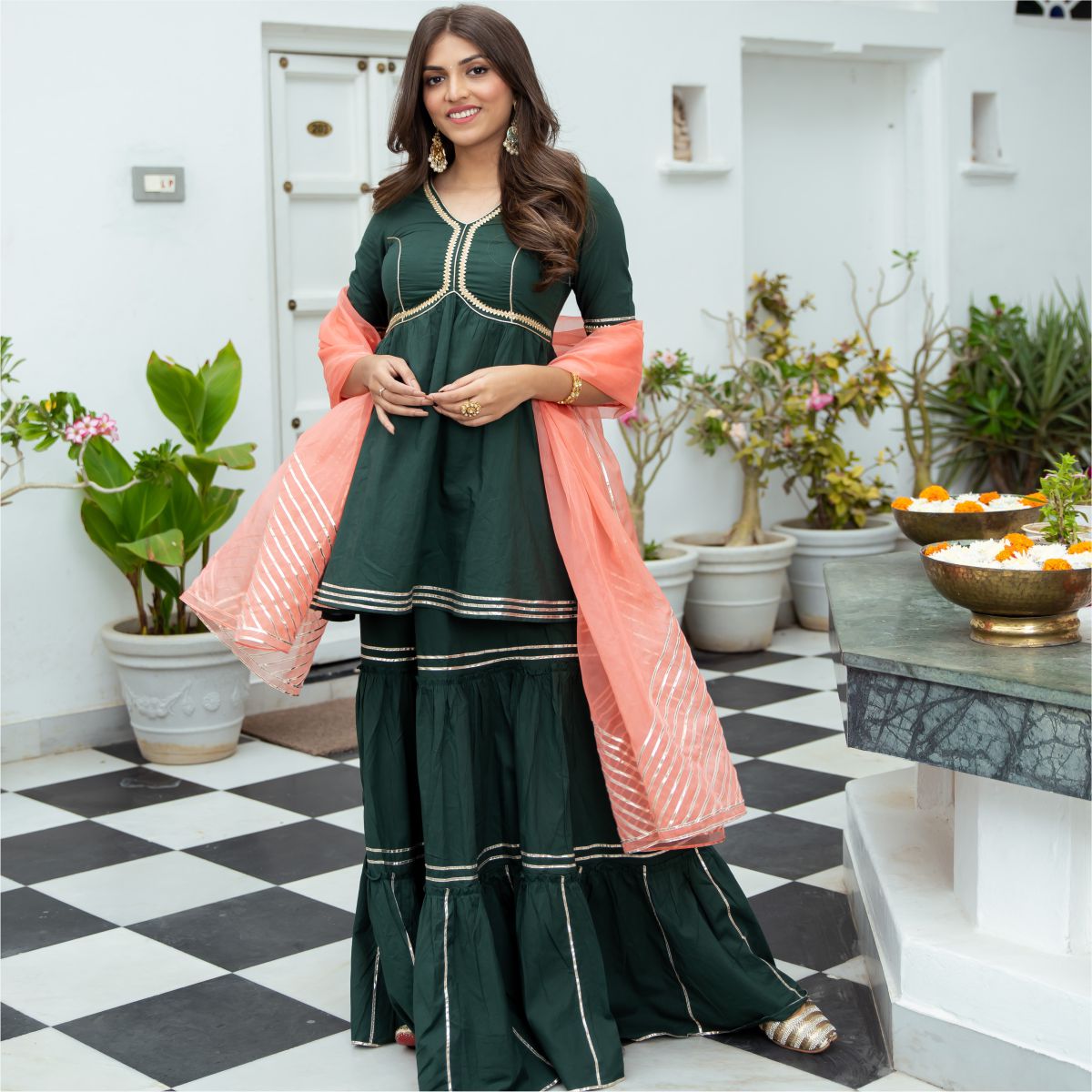 Green Cotton Peplum and Sharara Set