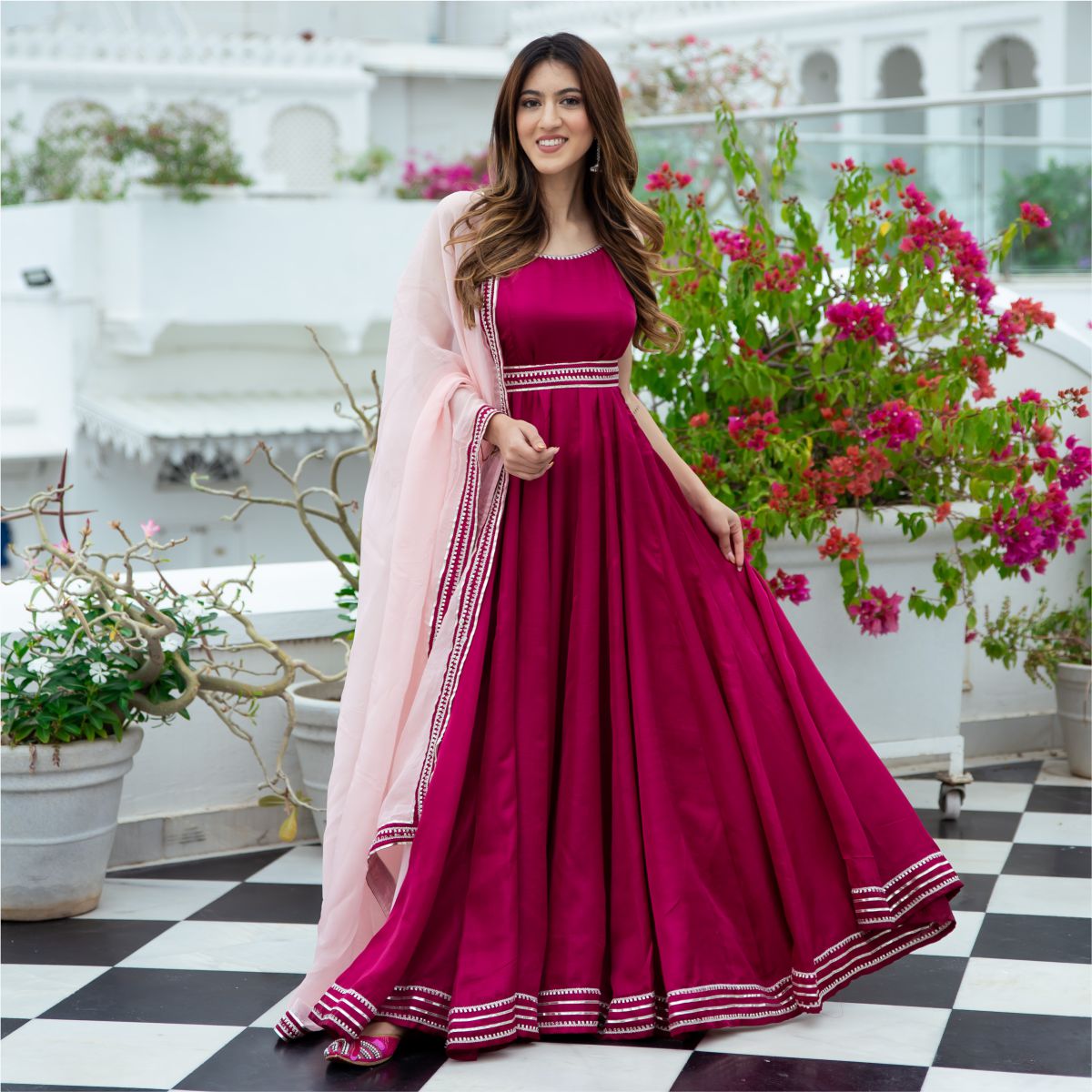 Pink Silk Long Dress With Dupatta