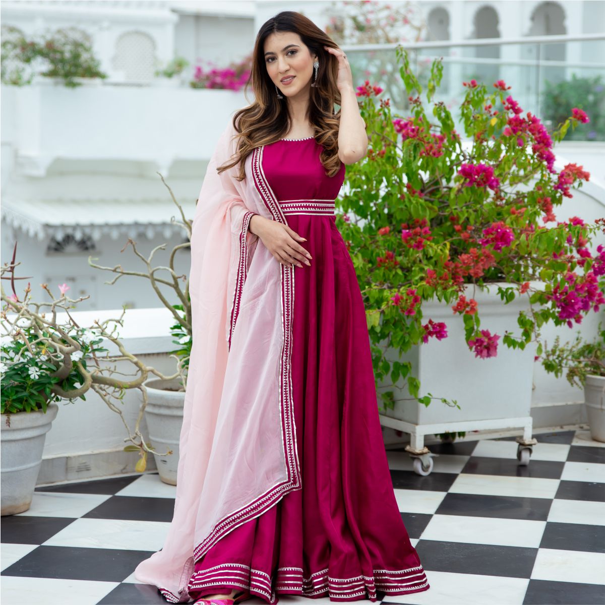 Pink Silk Long Dress With Dupatta