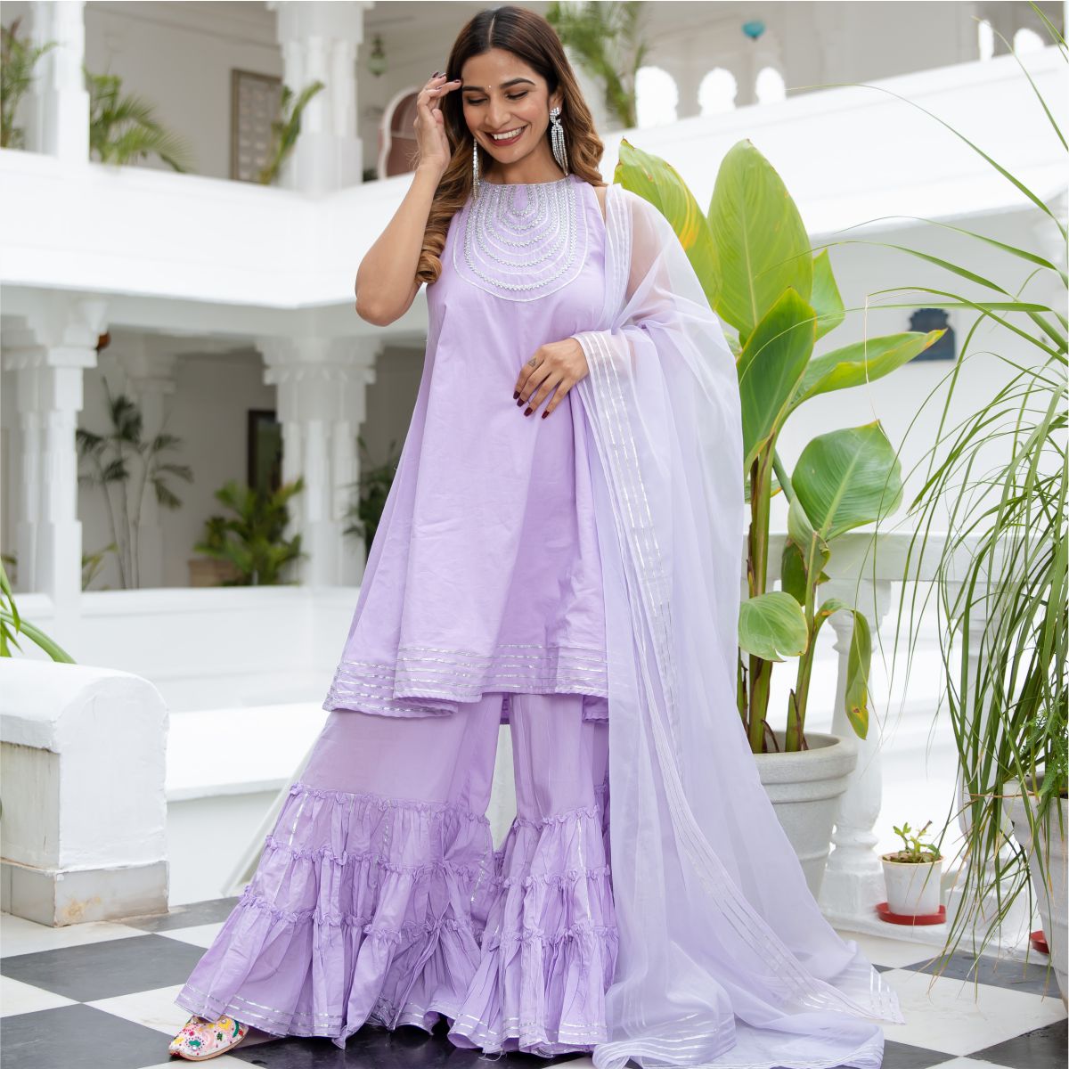 Lavender Cotton Flared Kurta and Palazzo Set