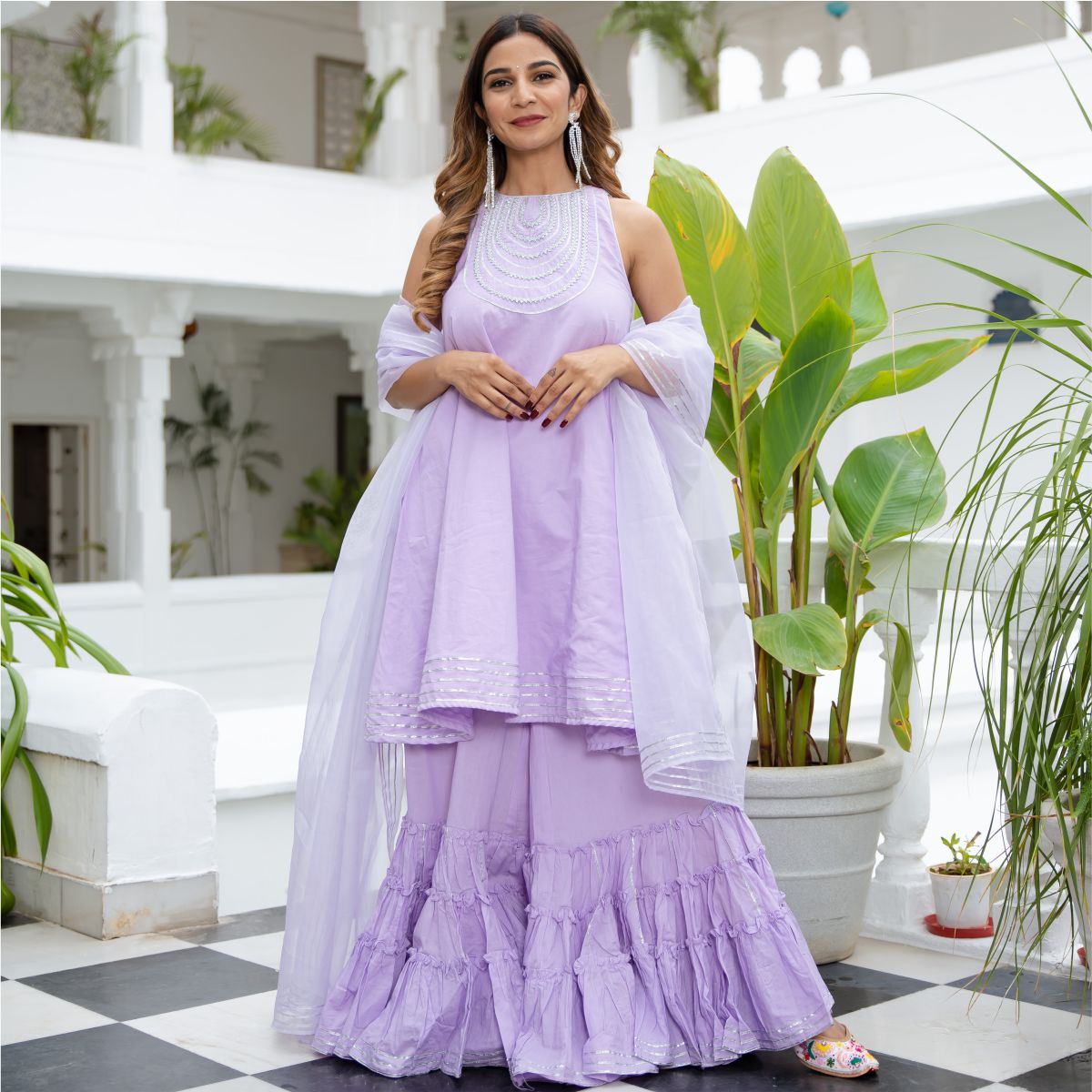 Lavender Cotton Flared Kurta and Palazzo Set