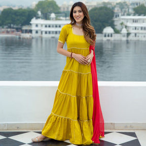 Yellow Silk Long Dress With Dupatta