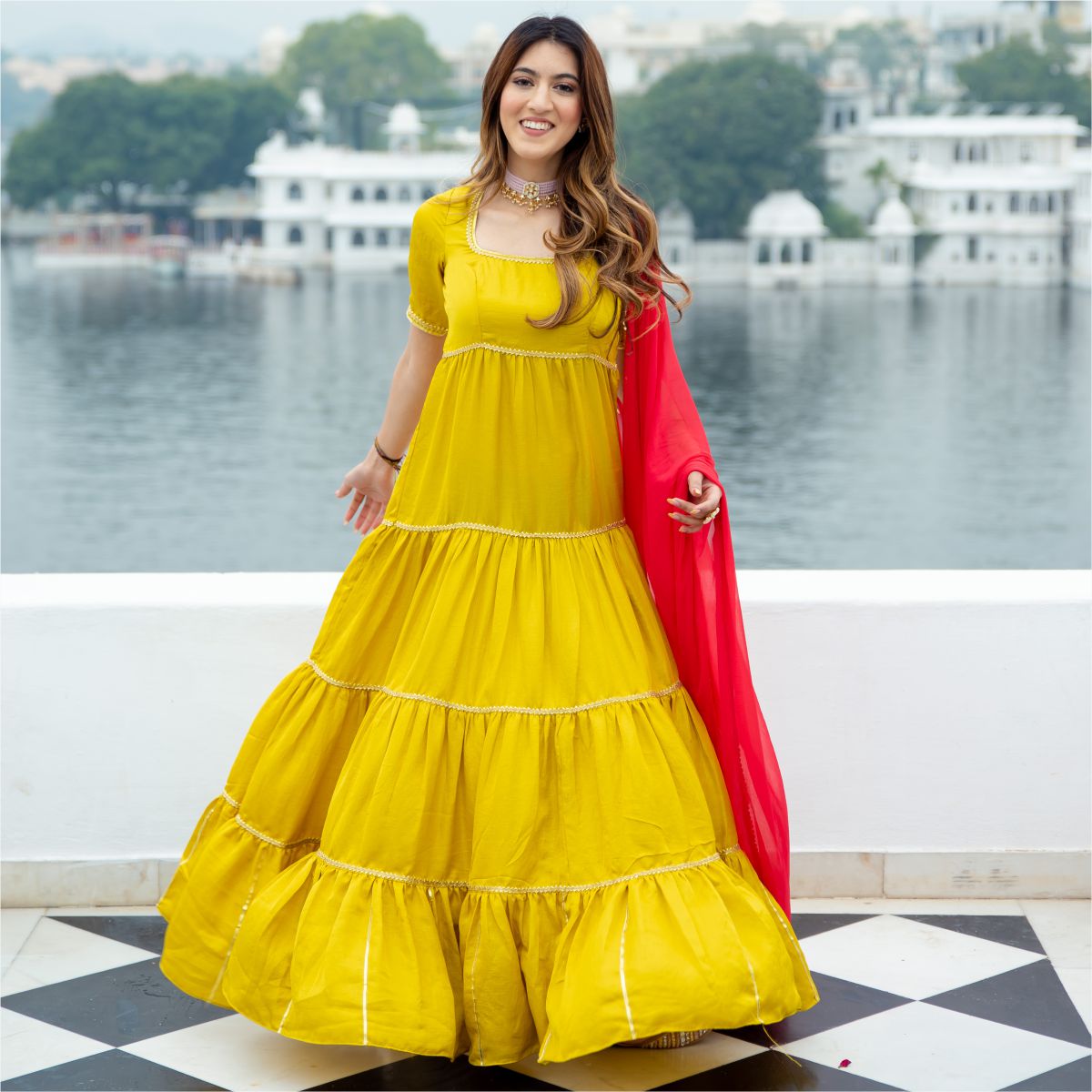 Yellow Silk Long Dress With Dupatta