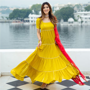 Yellow Silk Long Dress With Dupatta