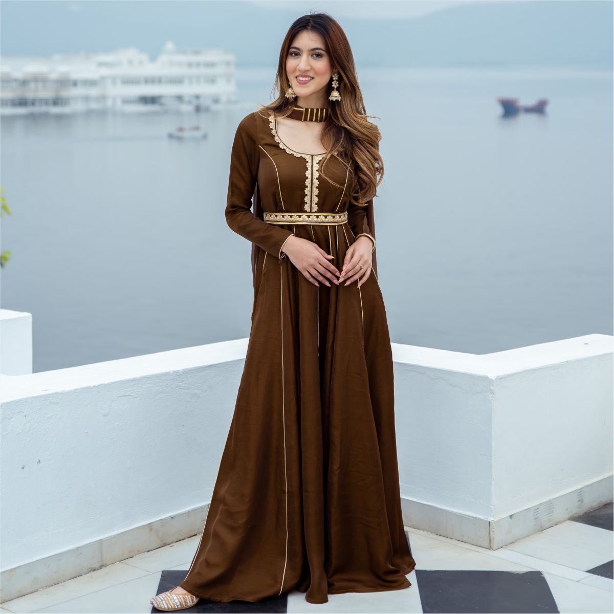 Chocolate Brown Silk Long Dress With Dupatta