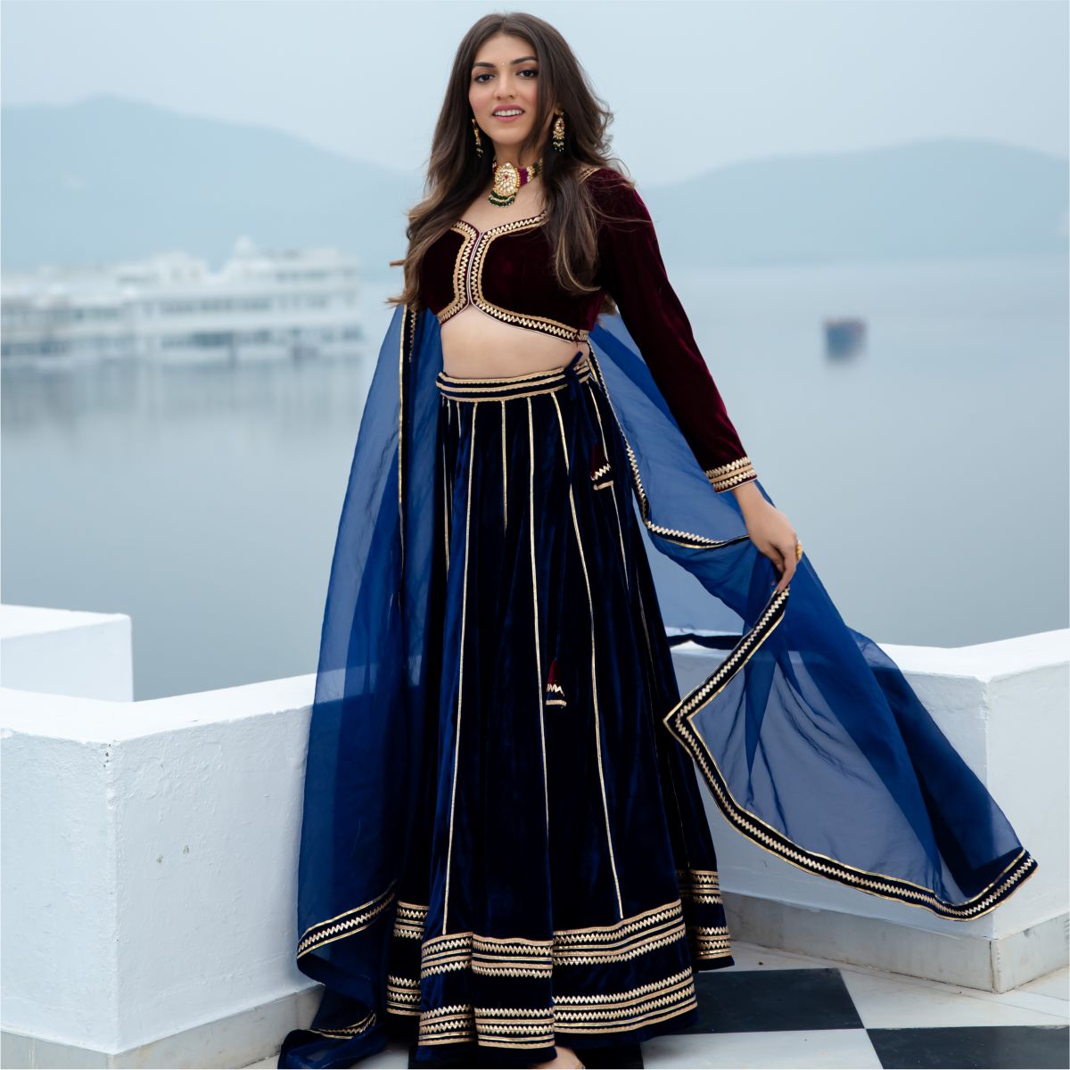 Wine and Blue Velvet Lehenga Set