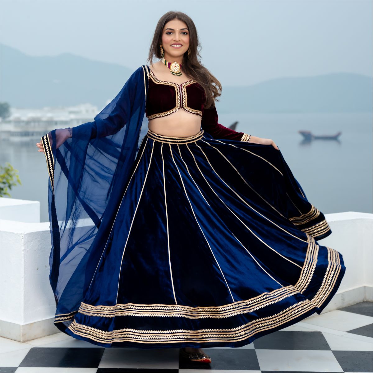 Wine and Blue Velvet Lehenga Set