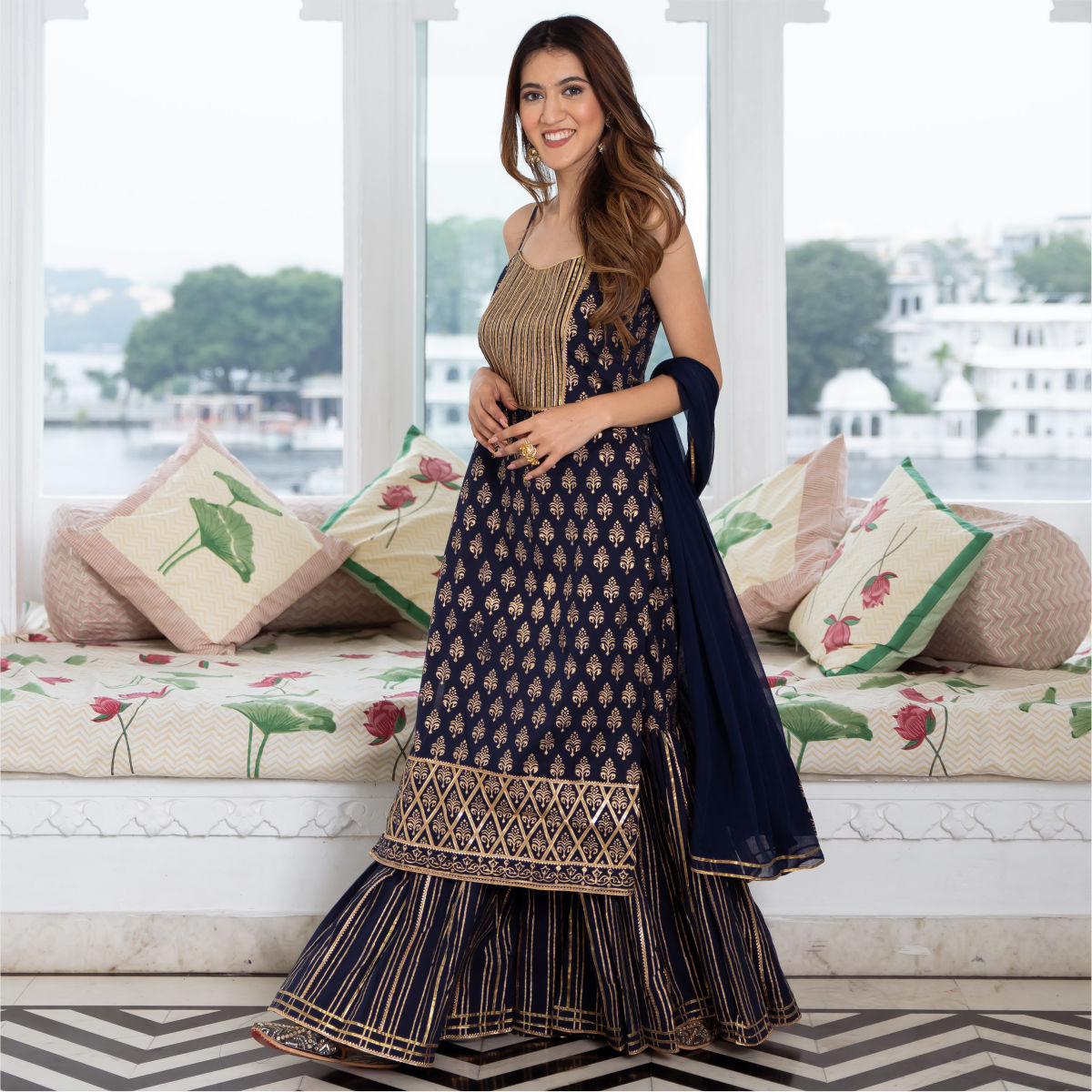 Navy Blue Cotton Printed Long Kurta and Sharara Set