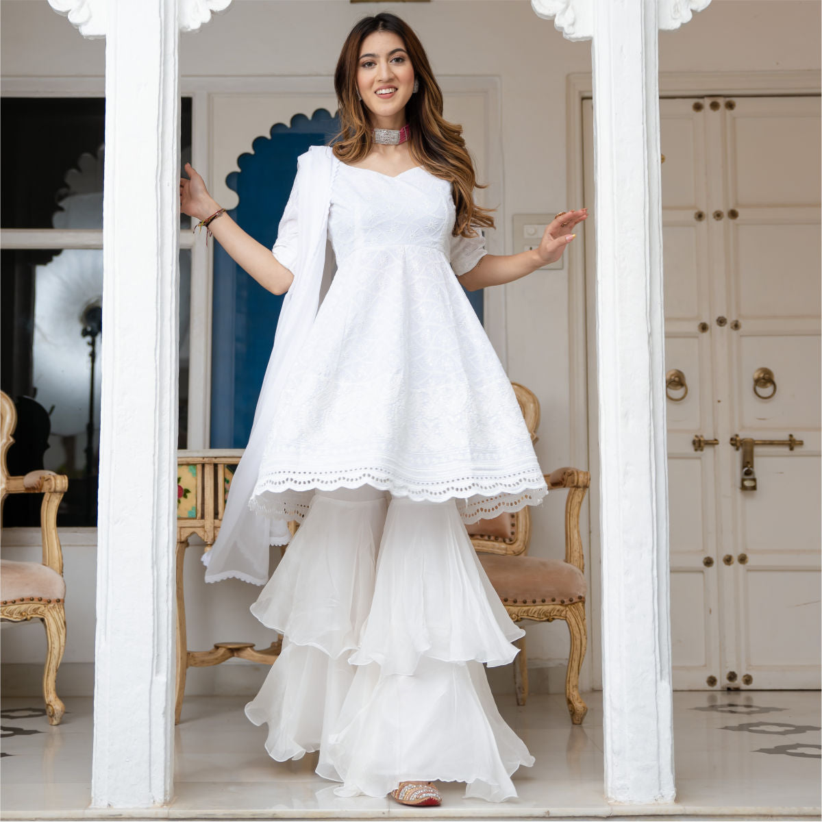 White Cotton Embroidered Short Kurta and Tiered sharara