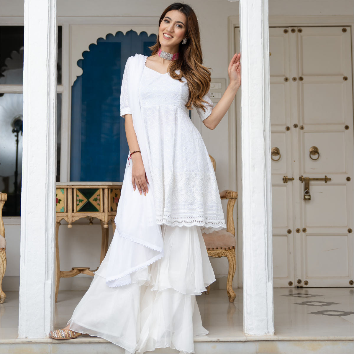 White Cotton Embroidered Short Kurta and Tiered sharara