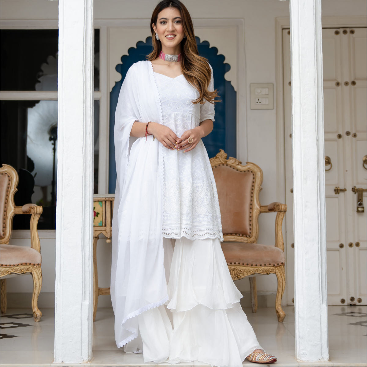 White Cotton Embroidered Short Kurta and Tiered sharara