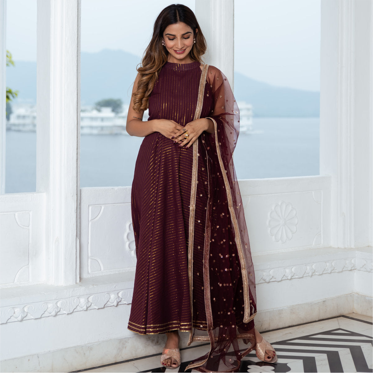 Wine Cotton Lurex Long Kurta and Pant Set