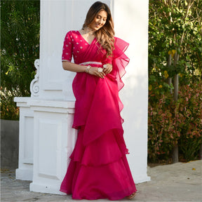 Pink Organza Ruffle Saree