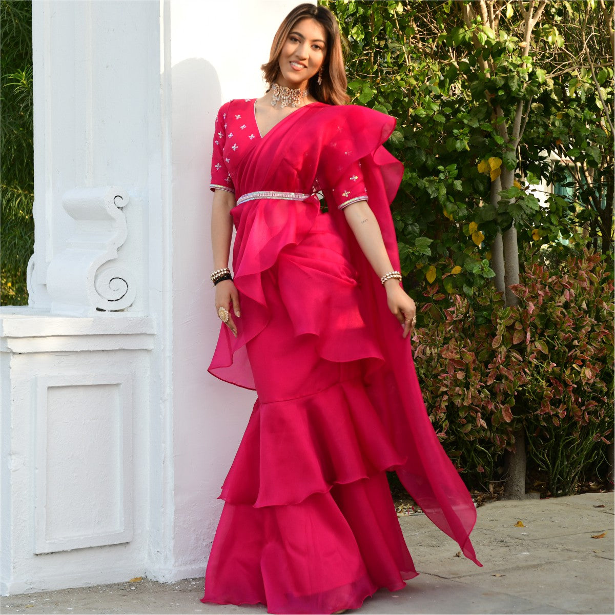 Pink Organza Ruffle Saree