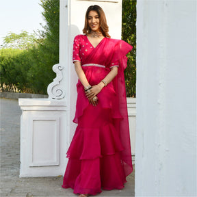 Pink Organza Ruffle Saree