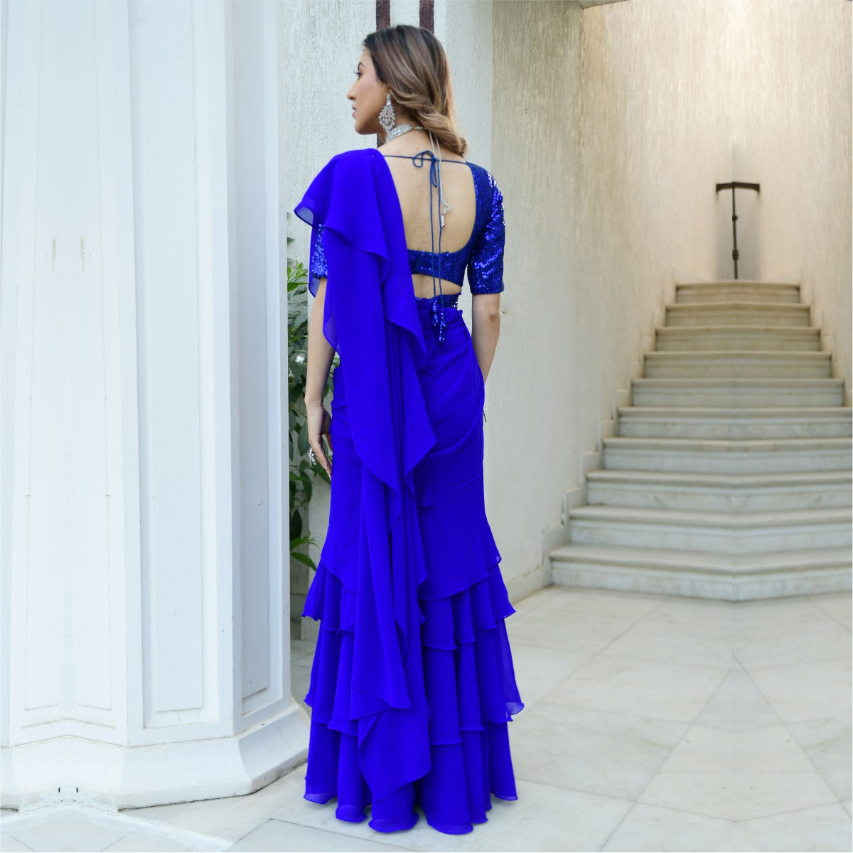 Royal Blue Georgette Ruffle Saree