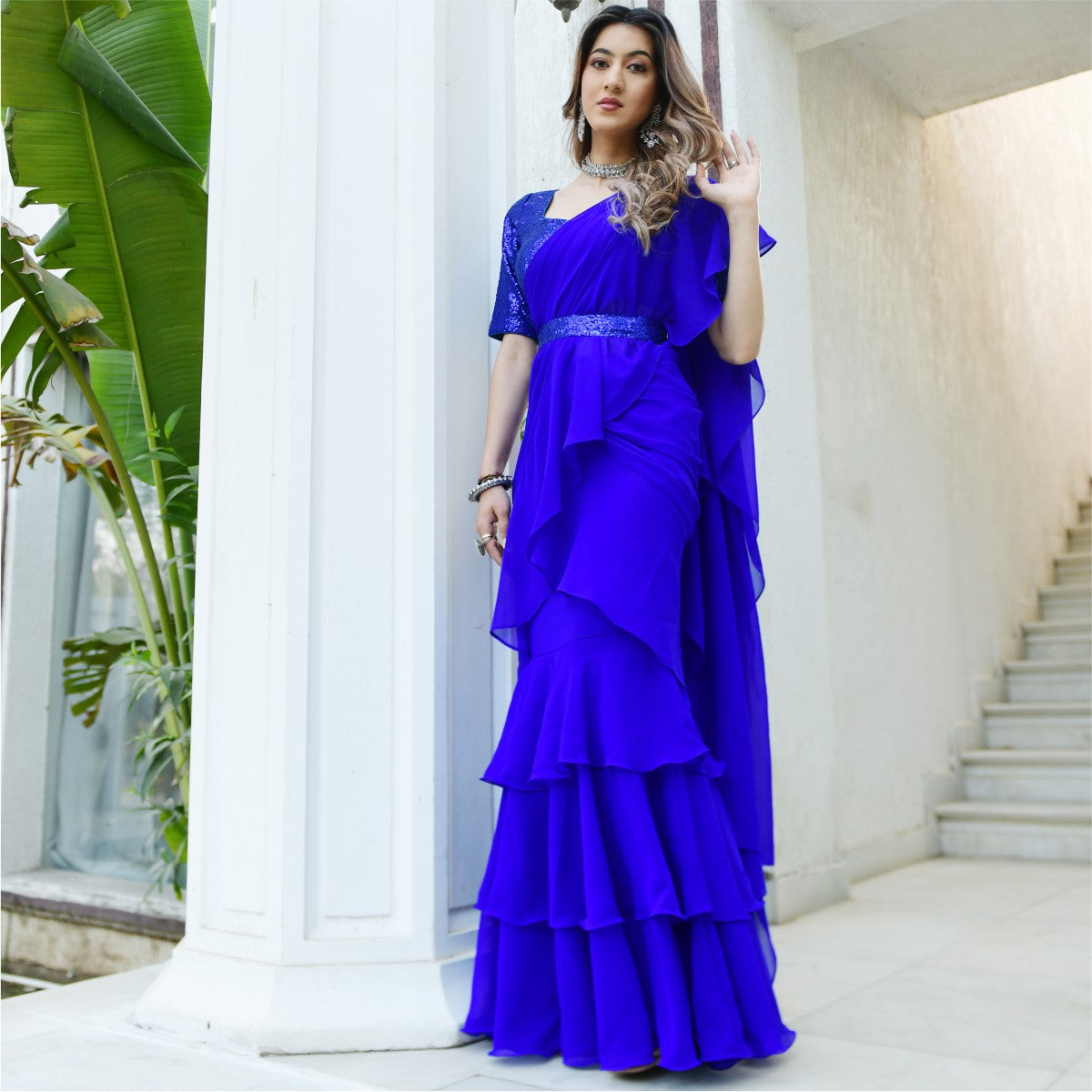 Royal Blue Georgette Ruffle Saree