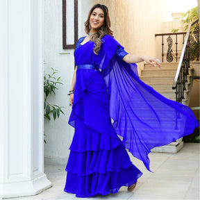 Royal Blue Georgette Ruffle Saree