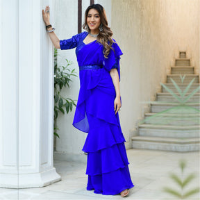 Royal Blue Georgette Ruffle Saree