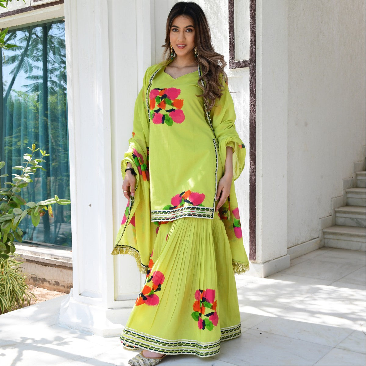 Green Handpainted Kurta And Sharara Set