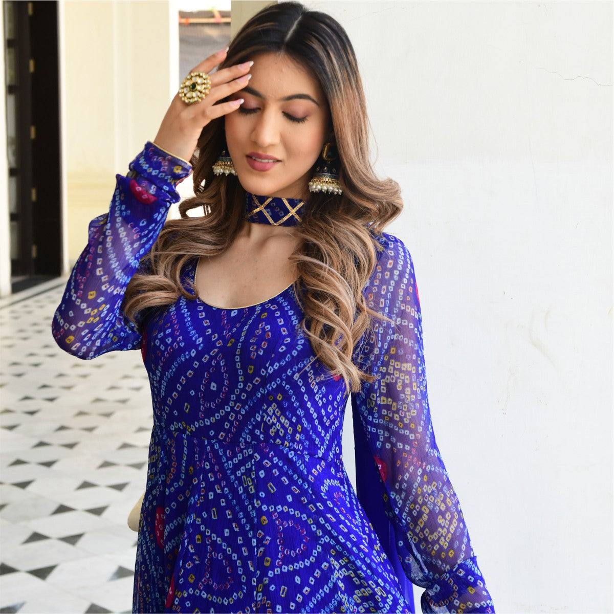 Blue Bandhni Print Anarkali Set