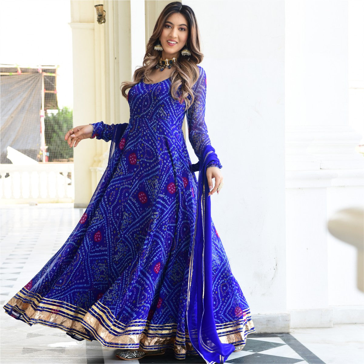 Blue Bandhni Print Anarkali Set