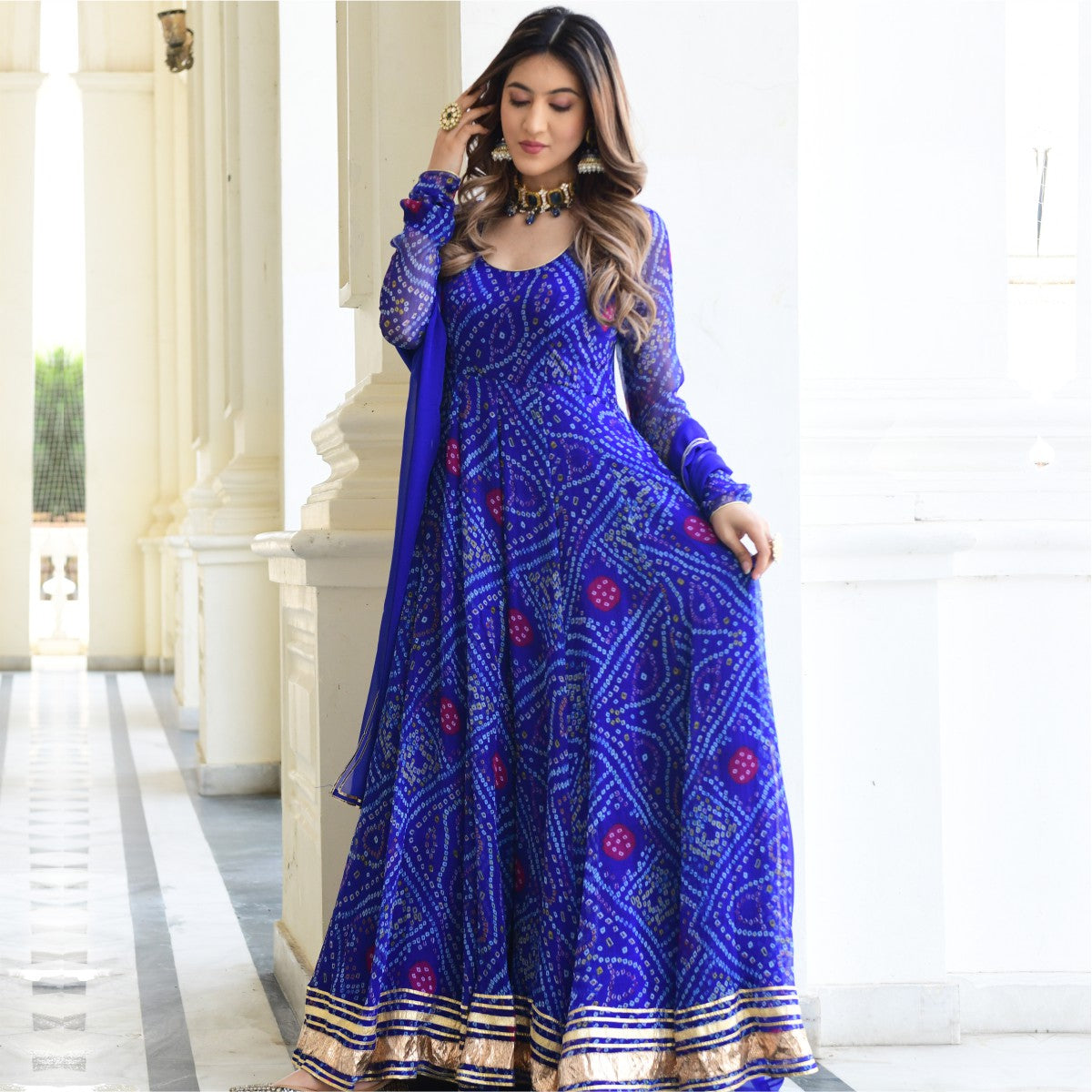 Blue Bandhni Print Anarkali Set