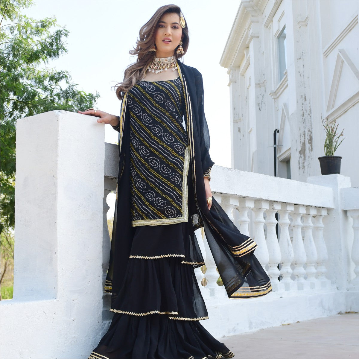 Black bandhni Print Kurta And Sharara Set