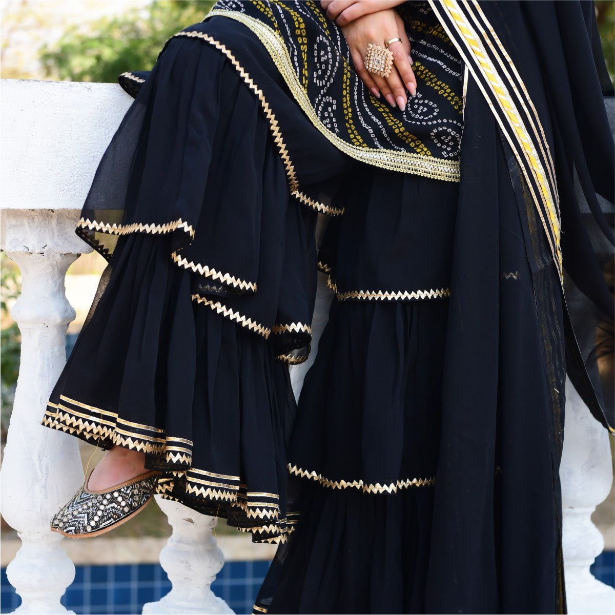 Black bandhni Print Kurta And Sharara Set