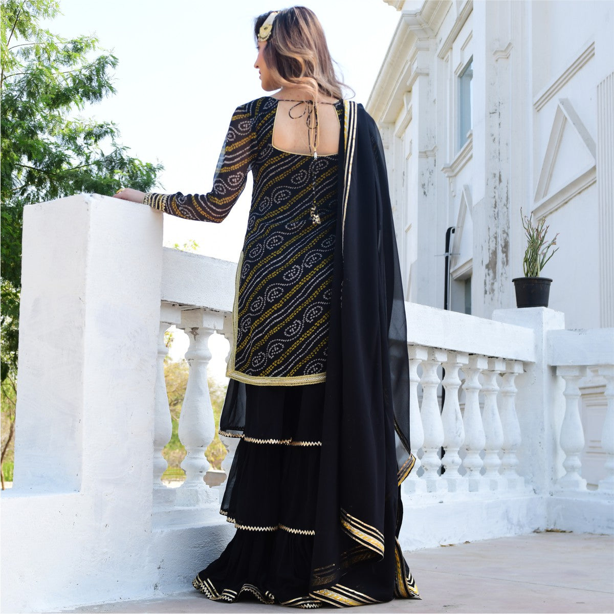 Black bandhni Print Kurta And Sharara Set