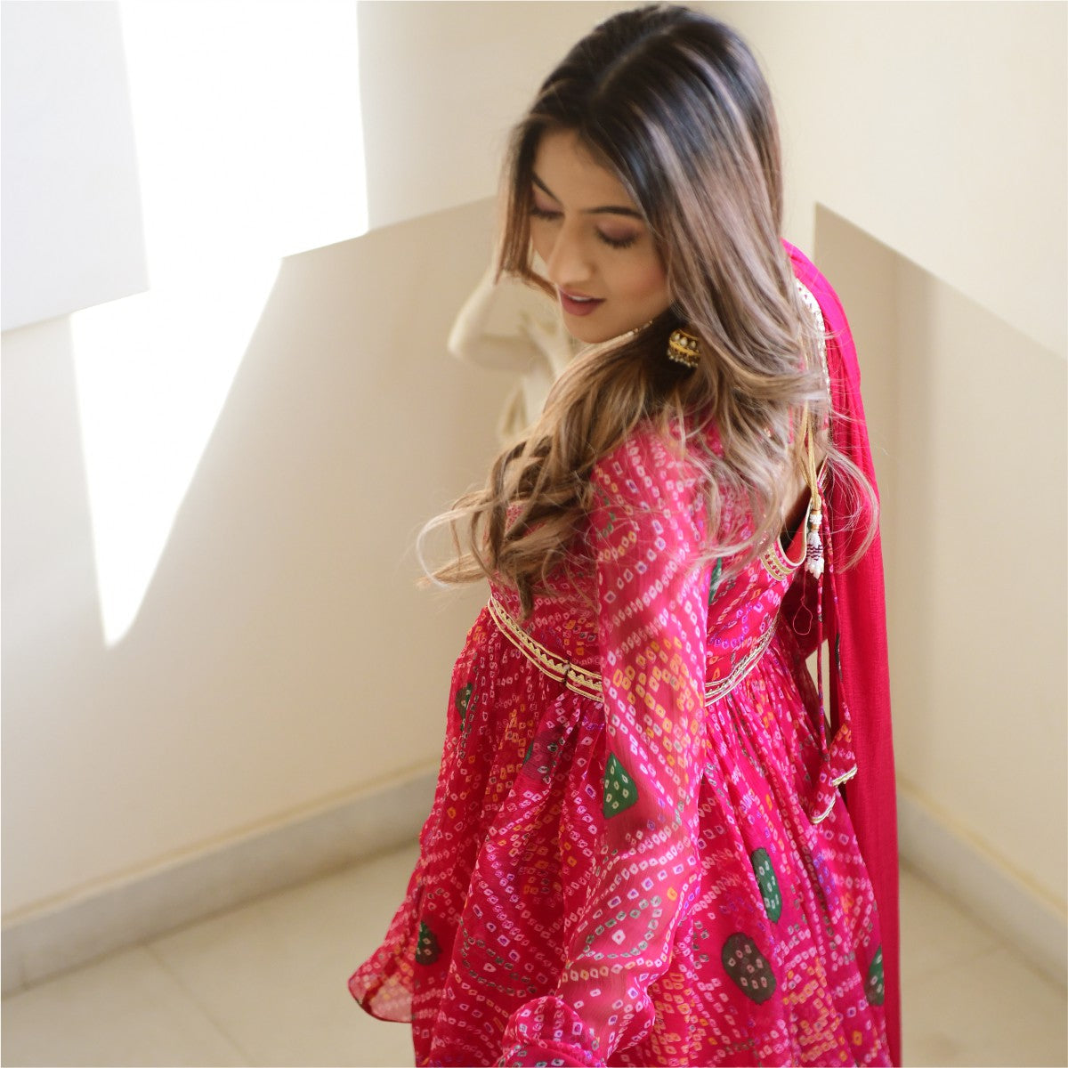 Pink Bandhni Print Kurta And Sharara Set