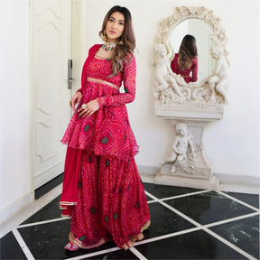 Pink Bandhni Print Kurta And Sharara Set