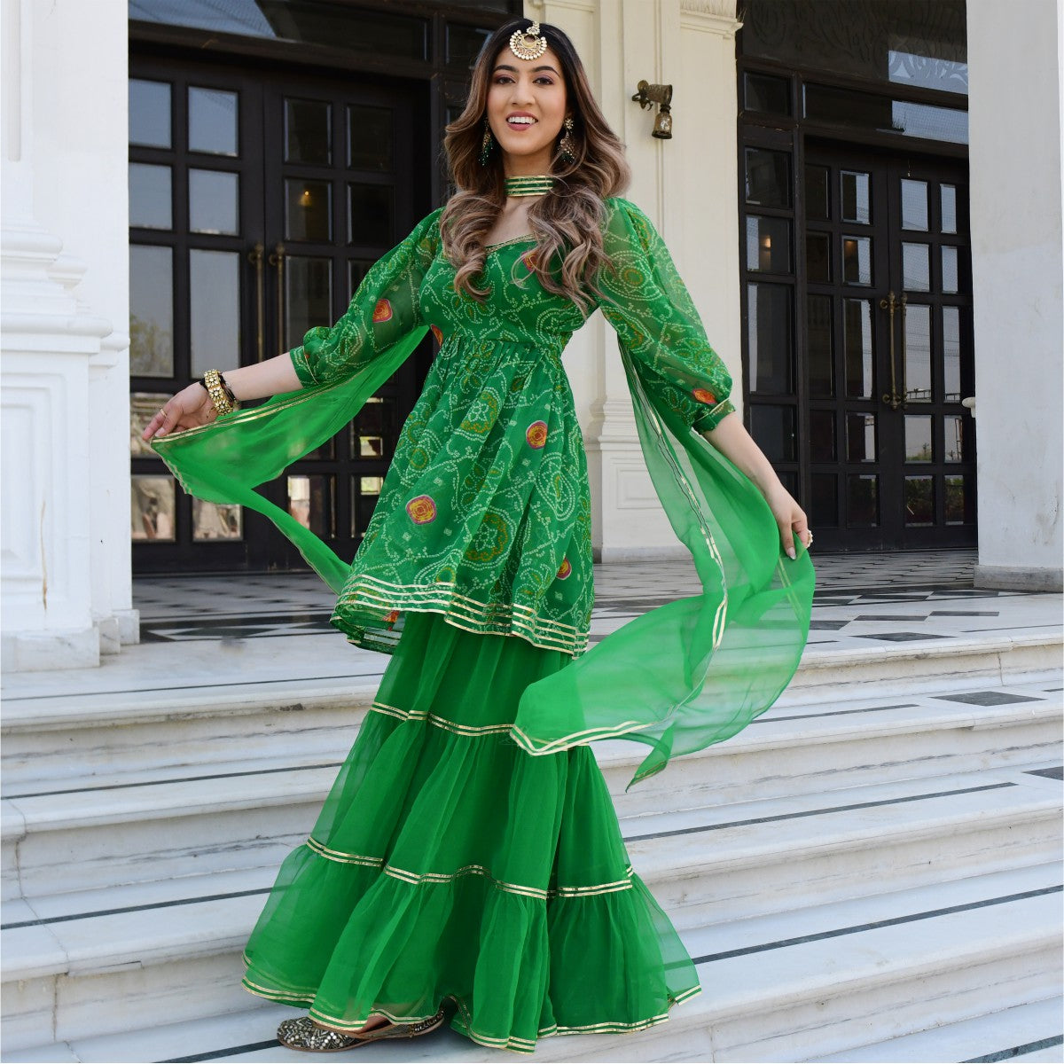 Green Bandhni Print Kurta And Sharara Set