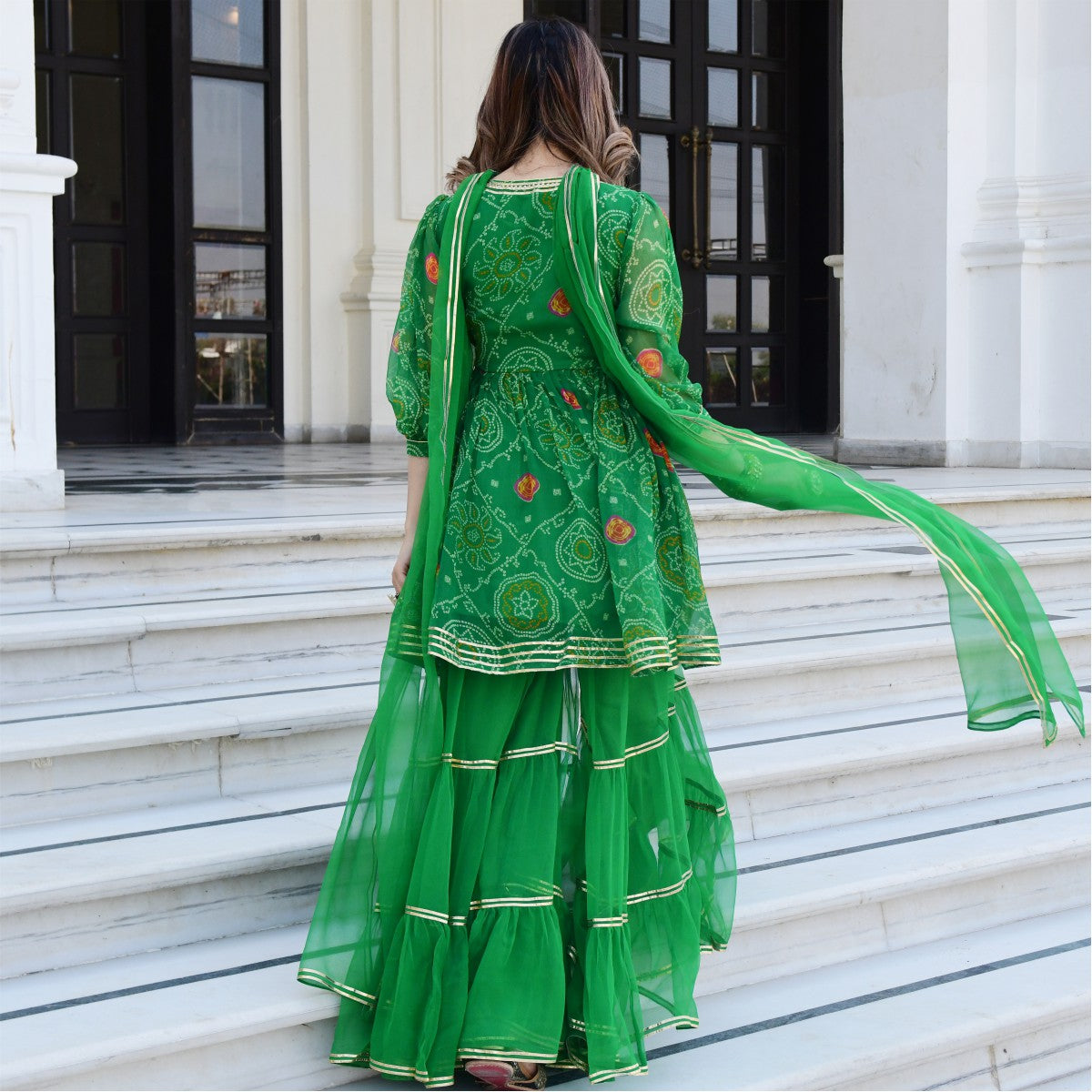 Green Bandhni Print Kurta And Sharara Set