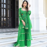 Green Bandhni Print Kurta And Sharara Set