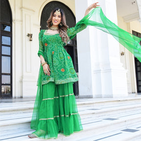 Green Bandhni Print Kurta And Sharara Set