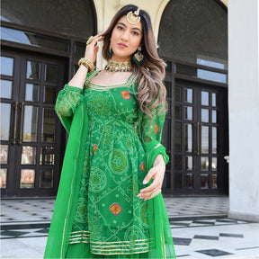 Green Bandhni Print Kurta And Sharara Set