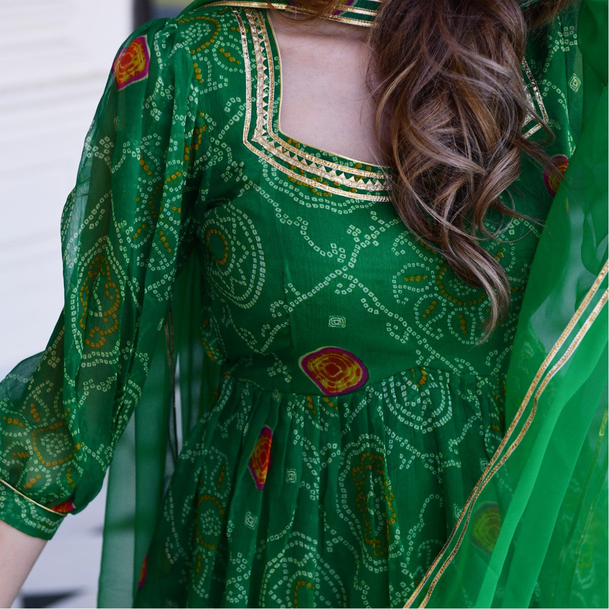 Green Bandhni Print Kurta And Sharara Set